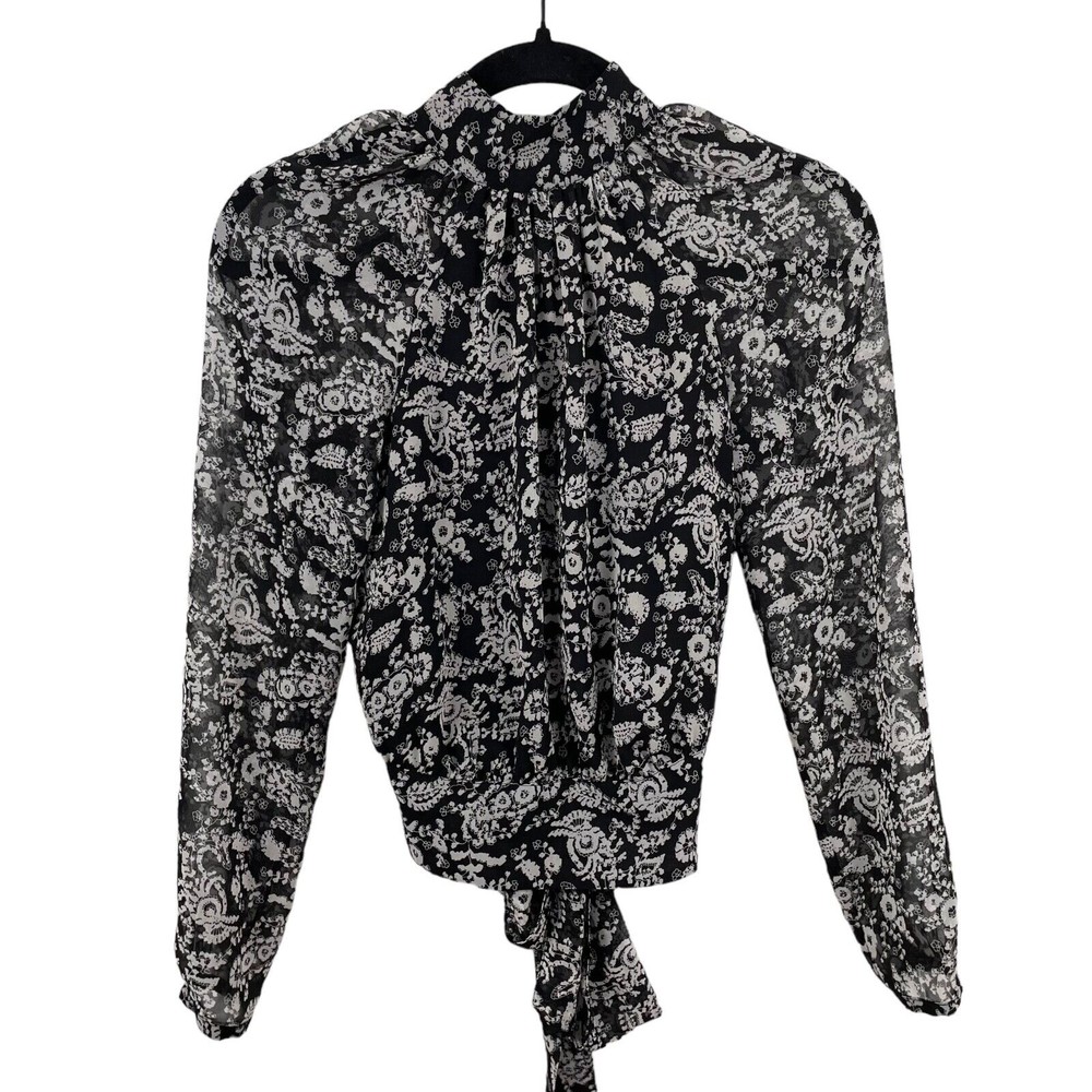 Rebecca Minkoff Zariah Blouse Black White XXS Polyester Tie Back R19501443